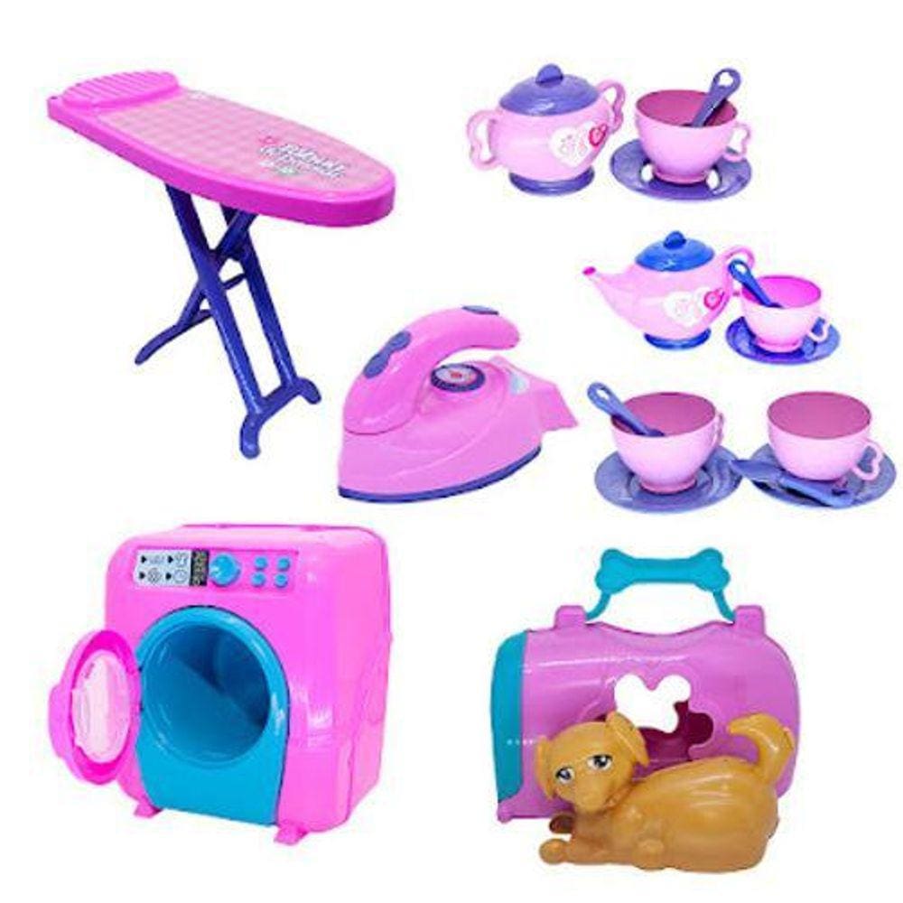 Kit Casinha Brinquedo Xícara Cachorrinho Máquina Lavar 19Pç