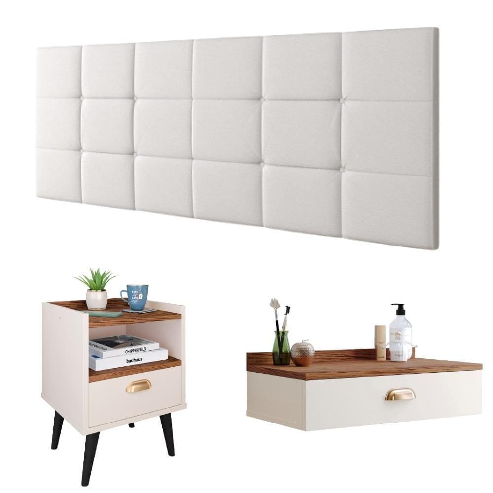 Kit Quarto Penteadeira Suspensa Gloss Mesinha Lateral Estilo Off White|Freijó Cabeceira Cama Box Casal Bia 1.40 Branco Corino - RPM Móveis  - Off Whit