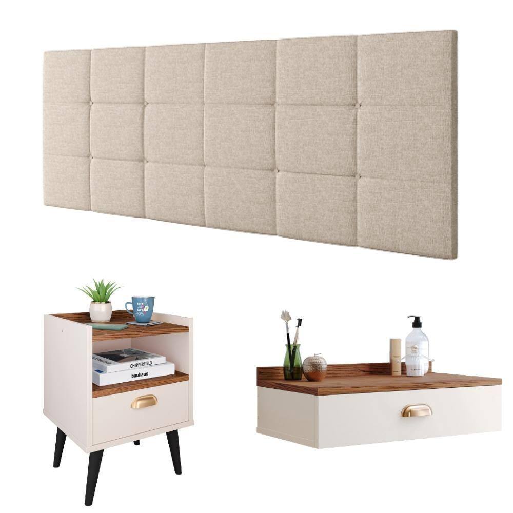 Kit Quarto Penteadeira Suspensa Gloss Mesinha Lateral Estilo Off White|Freijó Cabeceira Cama Box Casal Bia 1.40 Bege Linho - RPM Móveis  - Off White