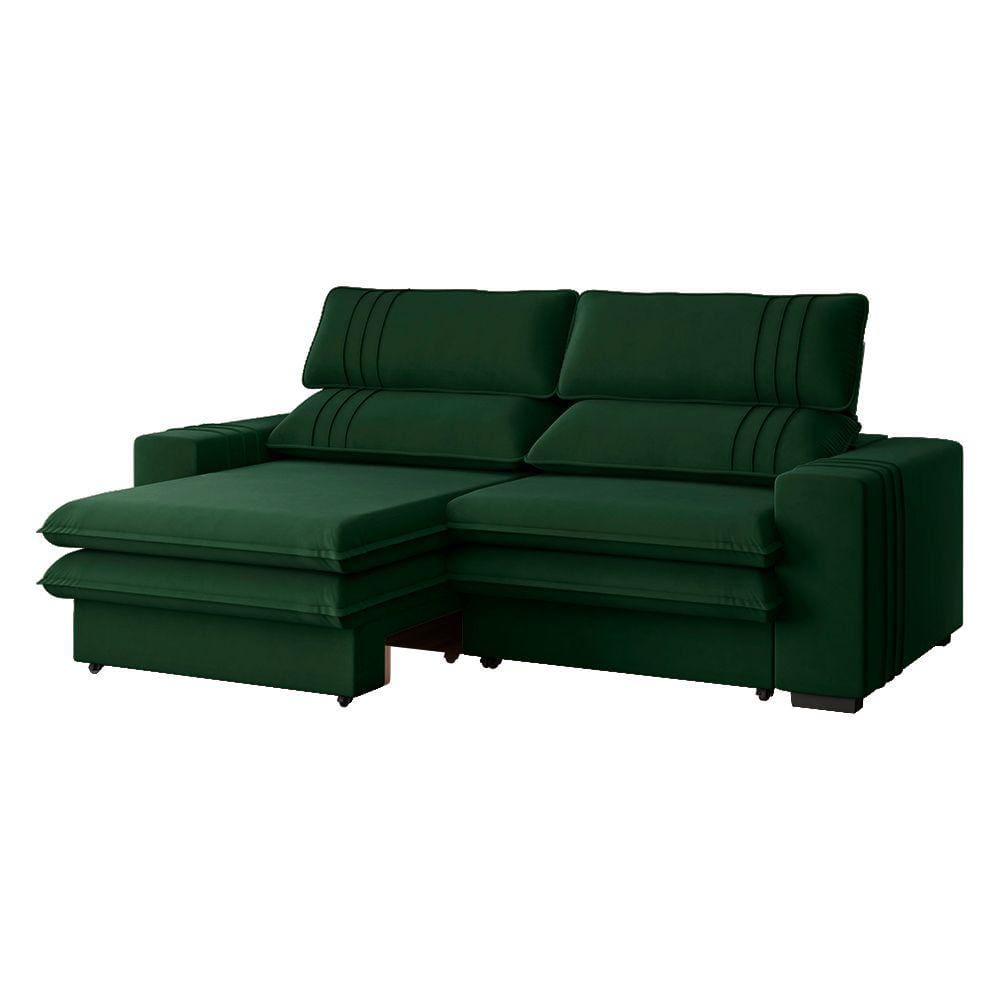 Sofá 2 Lugares Retrátil Noruega 270 cm Veludo Verde Militar Pés Tabaco - D`Rossi