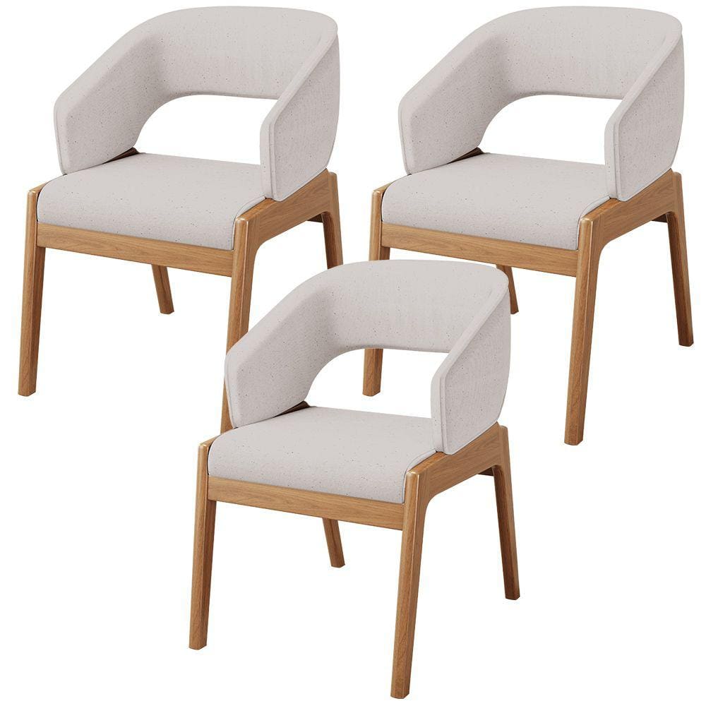 Kit 03 Cadeiras de Jantar e Estar Living Estofada Lince L02 Linho Bege - Lyam Decor