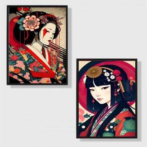 Kit 2 Quadros Arte Oriental Geishas 24X18Cm Com Vidro Preta