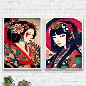 Kit 2 Quadros Arte Oriental Geishas 45X34Cm - Com Vidro