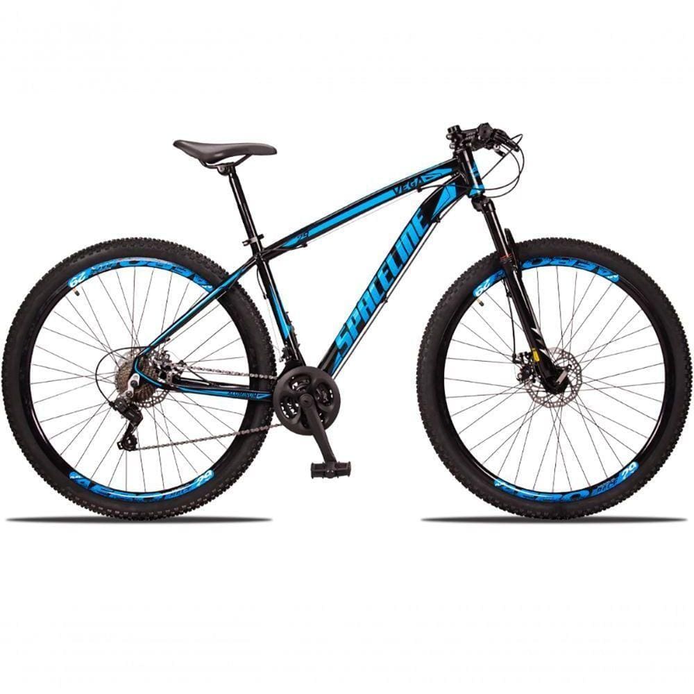 Bicicleta Aro 29 Spaceline Vega 24 Vel Câmbio Traseiro Freio A Disco Bike Mtb Alumínio Preto+azul