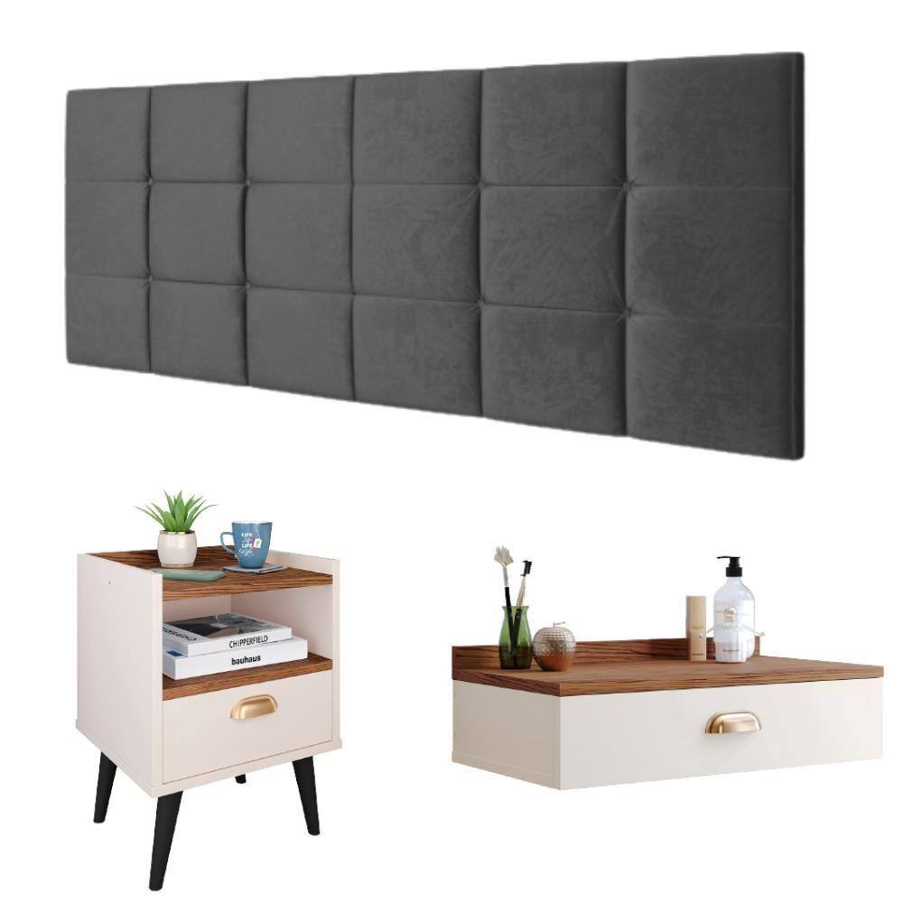 Kit Quarto Penteadeira Suspensa Gloss Mesinha Lateral Estilo Off White|Freijó Cabeceira Cama Box Casal Bia 1.40 Cinza Suede - RPM Móveis  - Off White