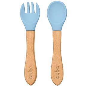Kit Talheres Para Bebe Colher Garfo De Silicone e Bambu Buba Azul
