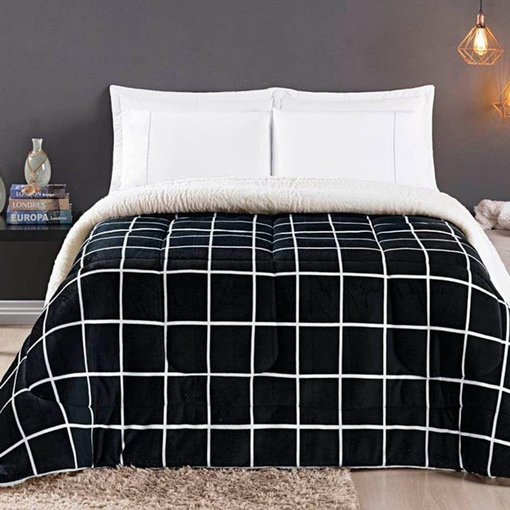 Coberdrom Cobertor Comfort Casal King 01 Peça Tecido Sherpa Manta Flannel Quadriculado - Preto