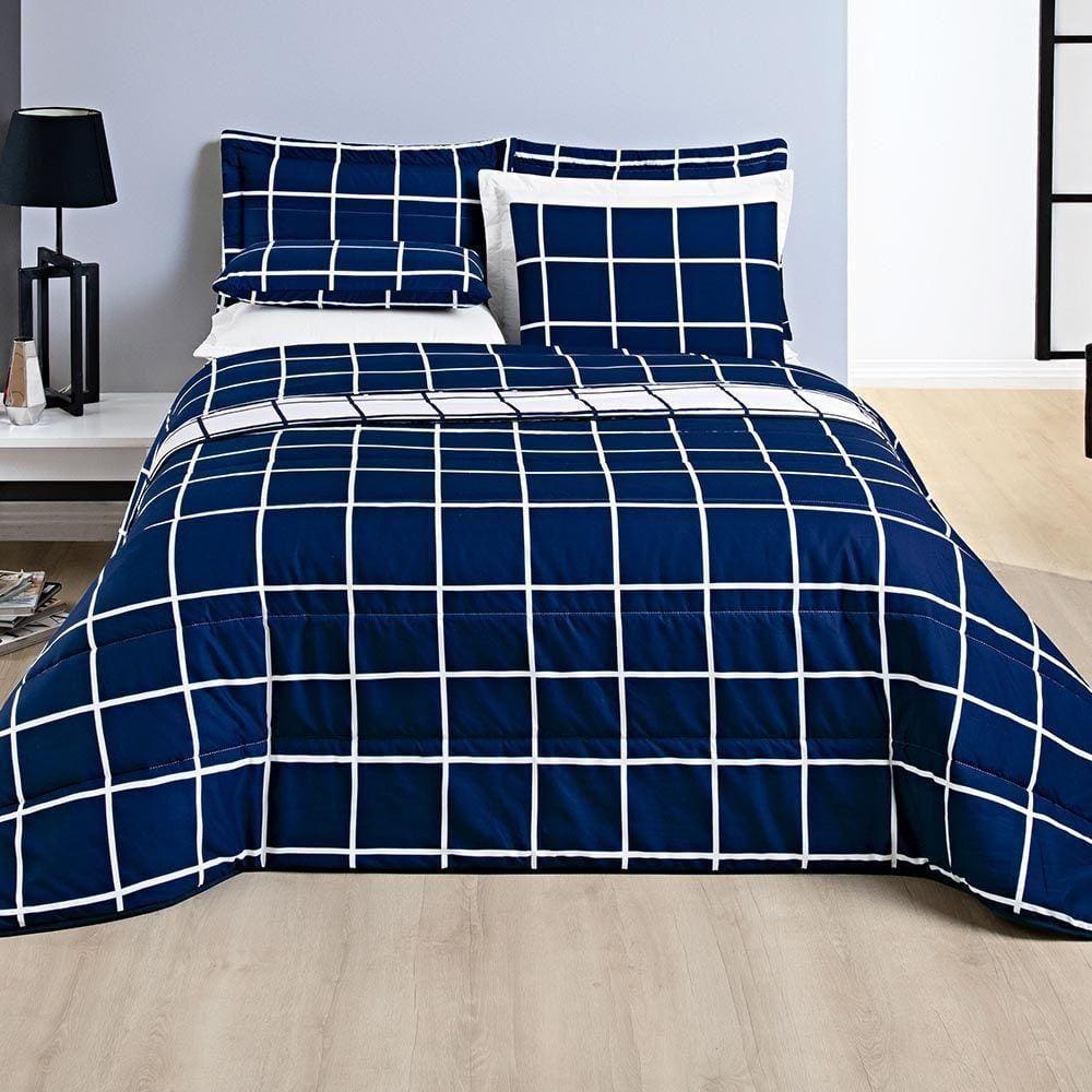 Kit Cobre Leito Minimalista Padrão 03 Peças Micropercal 200 Fios - Marinho Com Branco