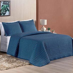 Kit Cobre Leito Espanha Casal Queen 03 Peças Micropercal 200 Fios Matelado White Line - Azul Marinho
