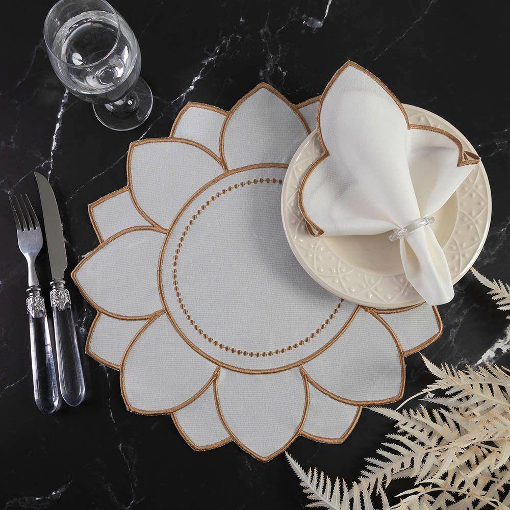 Jogo De Guardanapos Sousplat Americano 12 Peças Bordado Decorativo - Girassol Premium Marfim