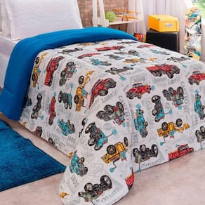 Edredom Fantasy Carros Solteiro Infantil Tecido Malha 100% Algodão Macio Antialérgico - Azul