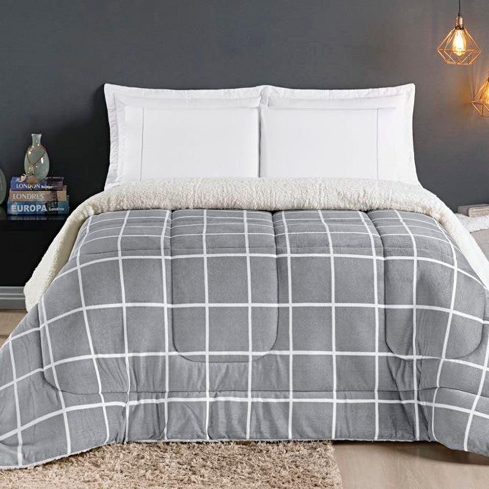 Coberdrom Cobertor Comfort Casal King 01 Peça Tecido Sherpa Manta Flannel Quadriculado - Cinza