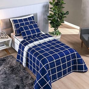 Kit Cobre Leito Minimalista Solteiro 02 Peças Micropercal 200 Fios - Azul Marinho Com Branco