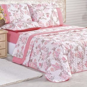 Kit Cobre Leito Real Solteiro Dupla Face Micropercal 200 Fios 02 Peças - Rosa Floral Serene