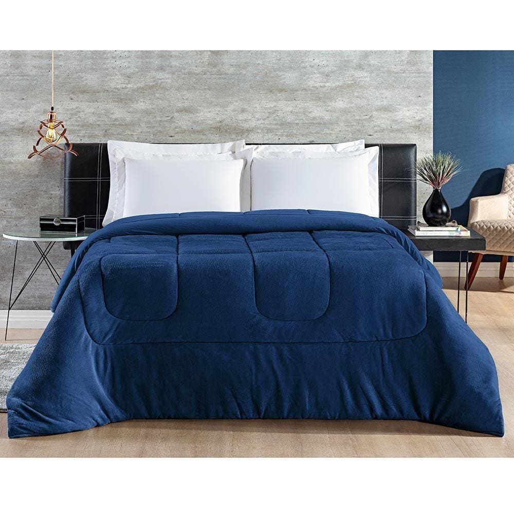 Coberdrom Hot Quente Casal Queen Malha 140G 100% Algodão Manta Flannel Dupla Face - Azul Marinho