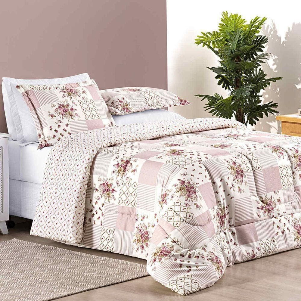 Edredom Ayla Casal Queen Tecido Dupla Face Microfibra 03 Peças - Rosa Floral Matura