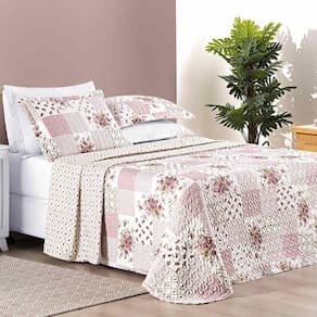 Colcha Ayla Casal Queen Tecido Dupla Face Microfibra 03 Peças - Rosa Floral Matura