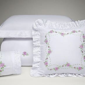 Kit Cobre Leito Casal Queen Holambra 06 Peças Tecido Percal 200 Fios Bordado Floral - Branco