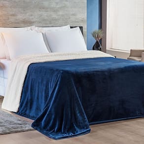 Cobertor Magnific Casal Queen Sherpa Com Manta Microfibra Toque Lã Carneiro 01 Peça - Azul Marinho