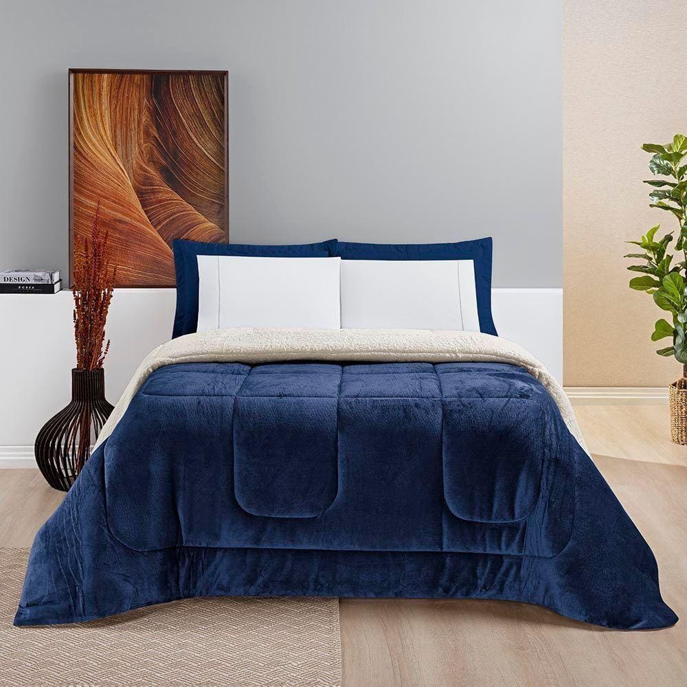 Coberdrom Diamond Casal King Sherpa Com Manta Flannel 01 Peça - Azul Marinho