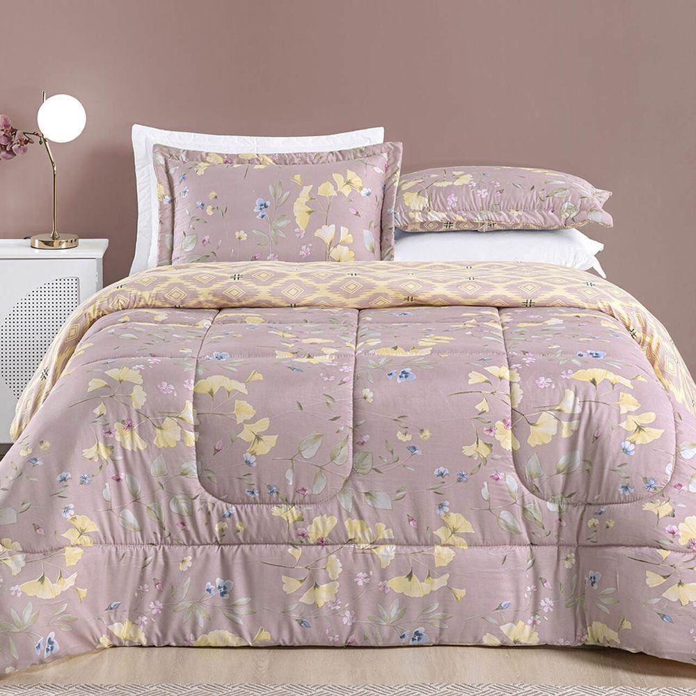 Edredom Ayla Casal King Tecido Dupla Face Microfibra 03 Peças - Lavanda Floral