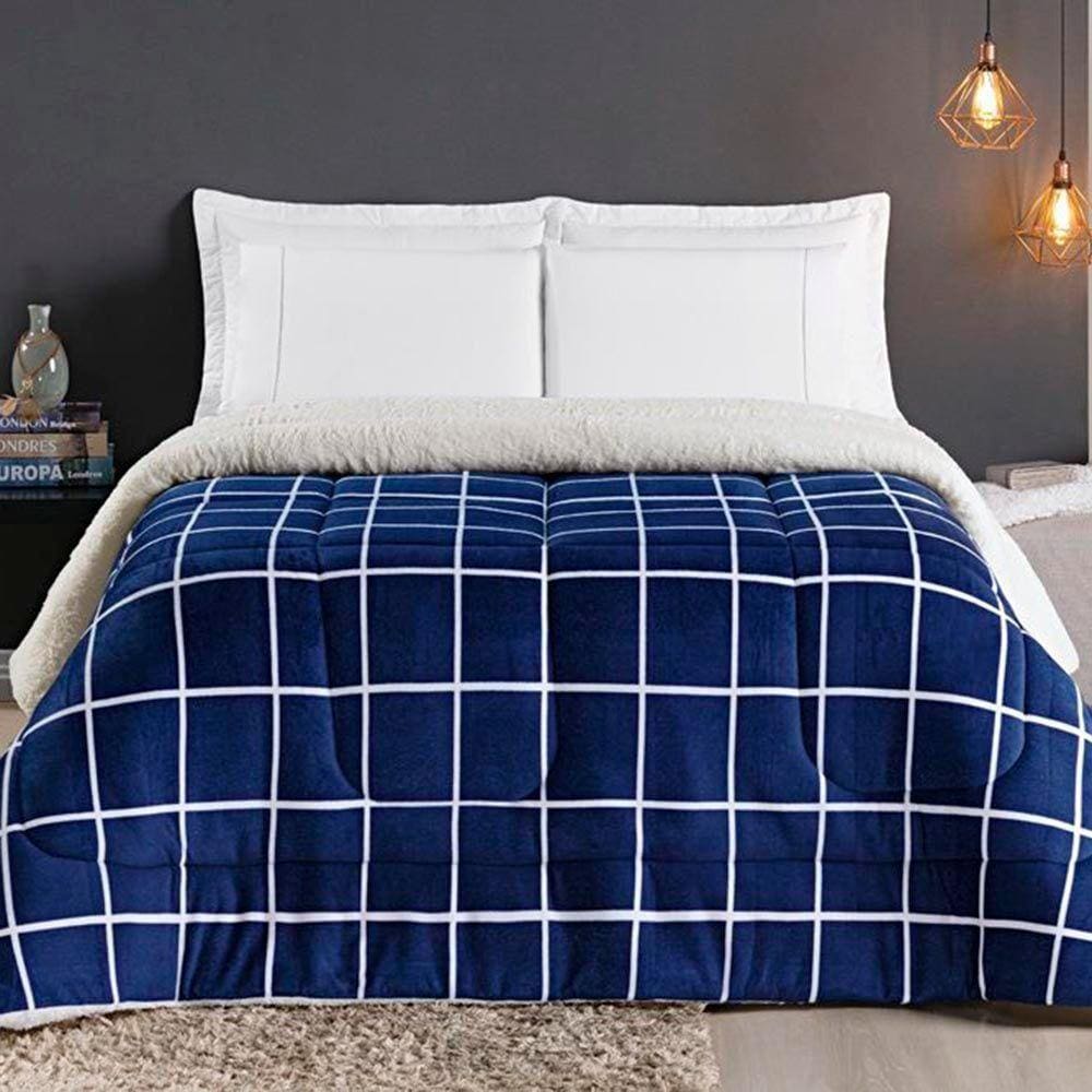 Coberdrom Cobertor Comfort Casal King 01 Peça Tecido Sherpa Manta Flannel Quadriculado - Azul