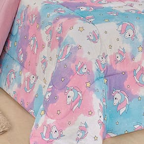Edredom Fantasy Unicórnio Solteiro Infantil Tecido Malha 100% Algodão Macio Antialérgico - Rosa