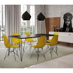 Conjunto de Mesa Eames Clips de Ferro Preto Tampo Preto 135x75 6 Cadeiras Ferro Preta Assento Amarel