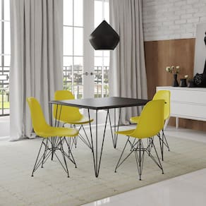 Conjunto de Mesa Eames Clips de Ferro Preto Tampo Preto 120x75 4 Cadeiras Ferro Preta Assento Amarel