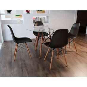 Conjunto de Mesa de Jantar Eames Eiffel Redonda 90cm Tampo de Vidro com 4 Cadeiras Pretas