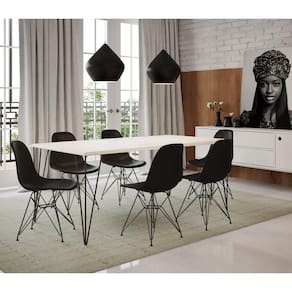 Conjunto de Mesa Eames Clips de Ferro Preto Tampo Branco 135x75 6 Cadeiras Preta Assento Preto