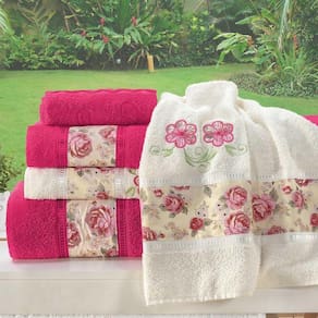 Jogo De Banho Toalhas Passione 100% Algodão Macio 05 Peças Bordado Floral - Pink Com Palha