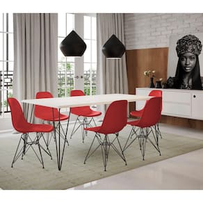 Conjunto de Mesa Eames Clips de Ferro Preto Tampo Branco 135x75 6 Cadeiras Preta Assento Vermelho