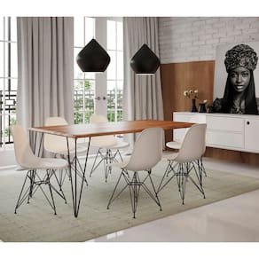 Conjunto de Mesa Eames Clips de Ferro Preto Tampo Amêndoa 135x75 6 Cadeiras Preta Assento Branco