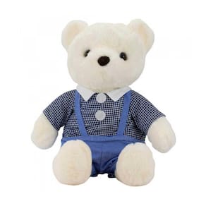 Urso De Pelúcia Branco Com Jardineira Azul 30 Cm