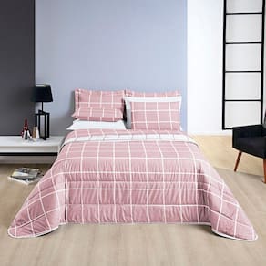 Kit Cobre Leito Colcha Brooklyn Queen Quadriculado Micropercal 200 Fios 3 Peças - Rosa