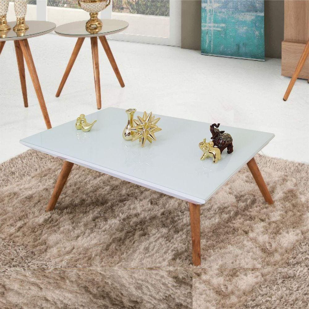 Mesa De Centro Retangular Laqueada Com Vidro Cor Branco
