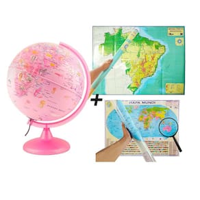 KIT Globo Pinkzoo LED com Figuras de Animais Mapa Brasil Físico Mapa Mundi Físico Lupa75mm