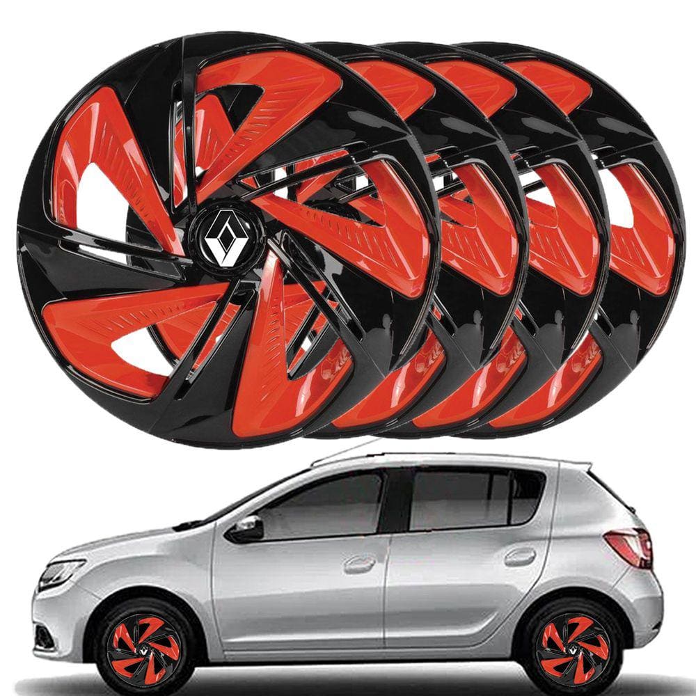 Jogo 04 calota Preto e vermelho aro 14 Renault Sandero logan symbol com emblema incluso