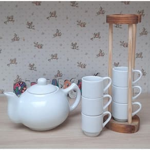 Jogo Café Mesa Posta, Bule Chaleira 830ml + Kit 6 xícaras café 80ml - Porcelana Branca