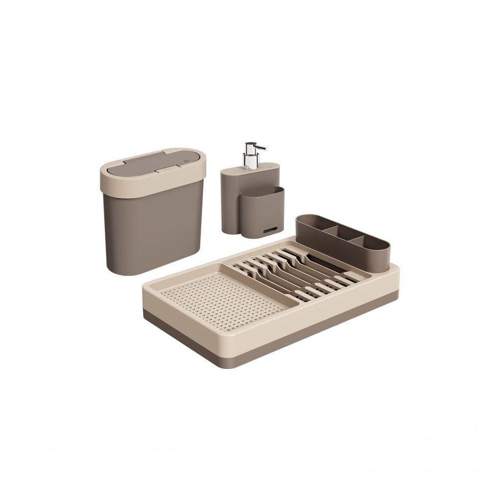 Kit Para Pia 3 Peças Coza - Escorredor, Dispenser E Lixeira Warm Gray E Light Gray