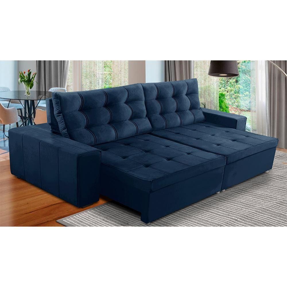 Sofá Retrátil e Reclinável 4 Lugares com Molas 2,70m Duda Suede Azul Adonai Estofados