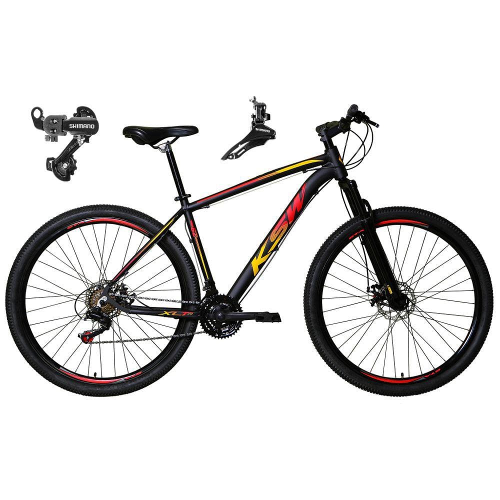 Bicicleta Aro 29 Ksw Xlt Alumínio 24v Câmbios Shimano Garfo Suspensão - Preto\Vermelho\Amarelo