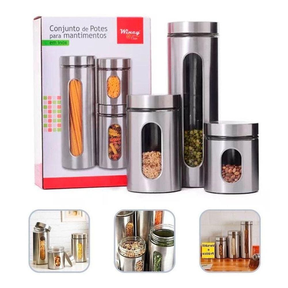 Kit 3 Potes Com Tampa Para Alimentos Vidro E Aço Inoxidável