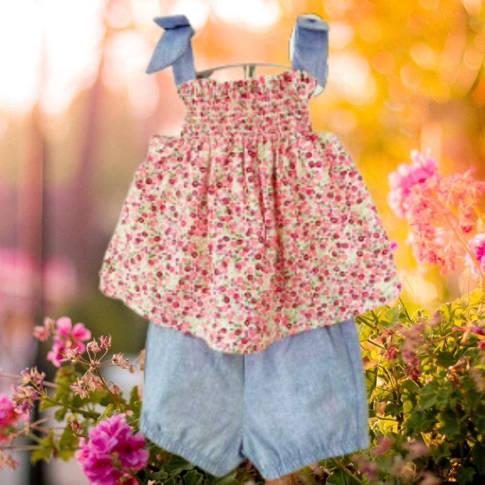 Conjunto Infantil Menina Floral Blusa Alcinha e Shorts Azul