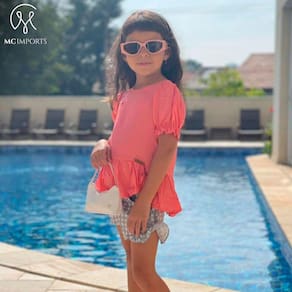 Conjunto Infantil Menina Shorts Xadrez e Blusa Salmão Menina