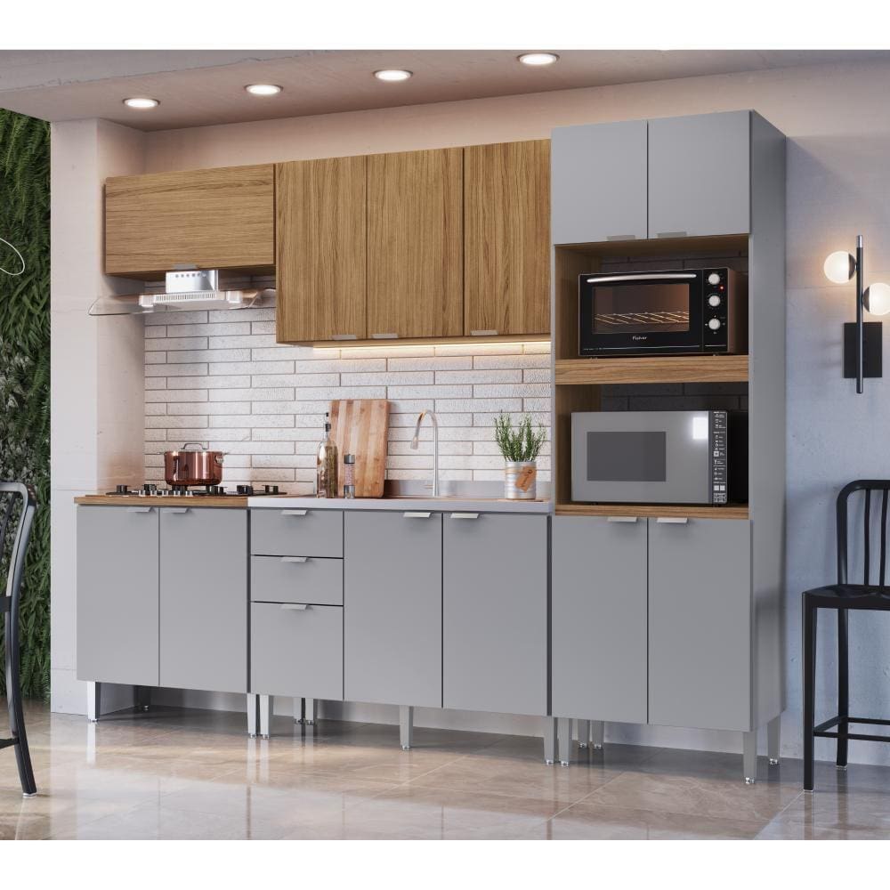 Armário de Cozinha Completa MDF 5 peças com Balcão Hera Decibal Griseo Naturalle