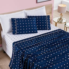 Jogo De Cama Lençol Celine Casal King 04 Peças Micropercal 200 Fios Bolinhas - Azul Marinho