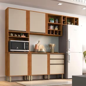 Cozinha Compacta 4 Peças 5 Portas 2 Gavetas Pérola Sallêto Móveis - Cinamomo/Off