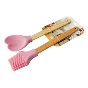 Kit Espátula Coração + Pincel Silicone Com Cabo Madeira Rosa